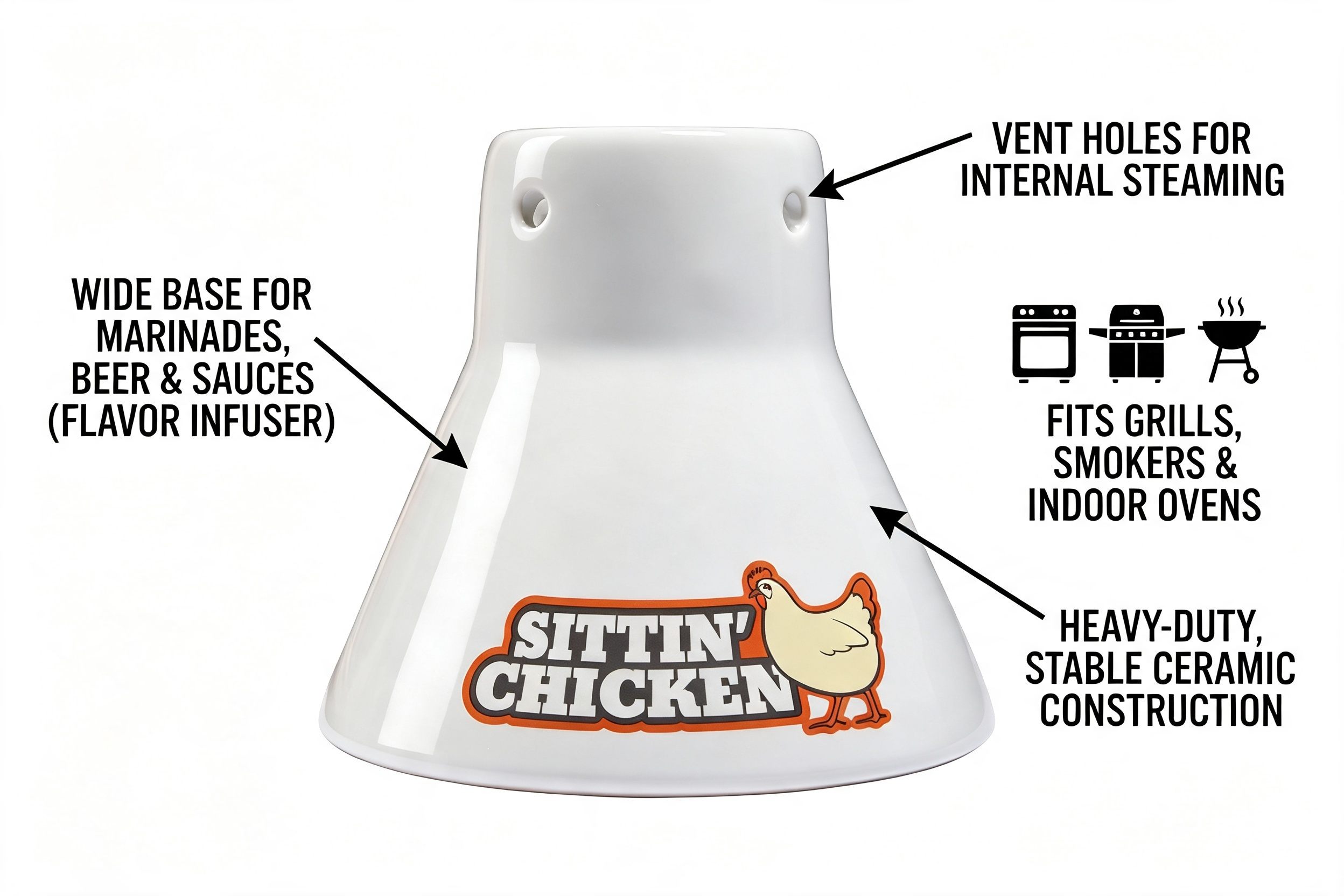 Cook's Choice Sittin' Chicken Ceramic Beer Can Roaster & Steamer - Reusable Vertical Chicken Roaster Stand for Grill, Oven & Smoker - Flavor Infuser for Marinades, Beer & Sauces - Summer BBQ Essential
