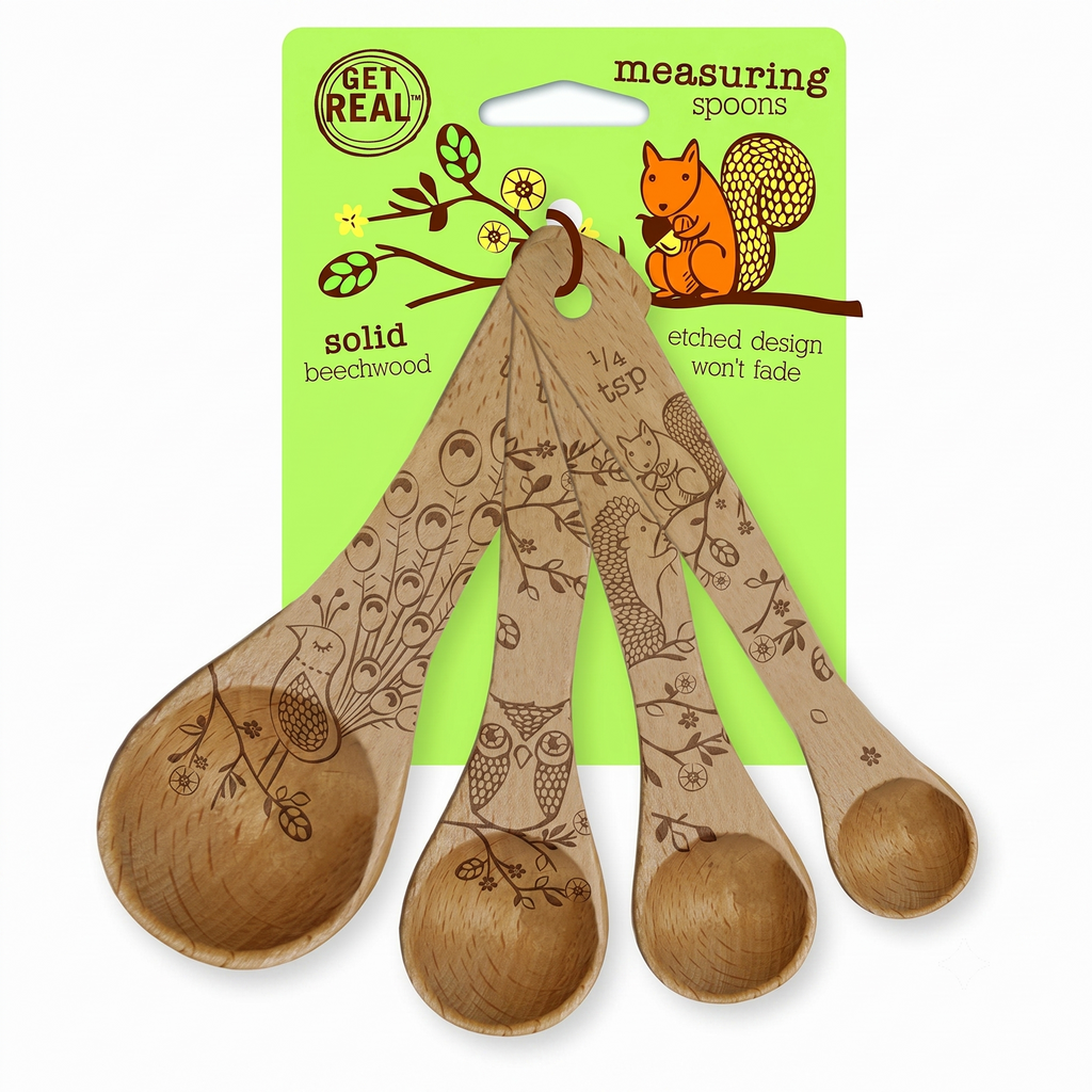 Talisman Designs Laser Etched Beechwood | Set of 4 | Woodland Design | Natural, Wooden Measuring Spoons Set| Cute & Functional Kitchen Tools