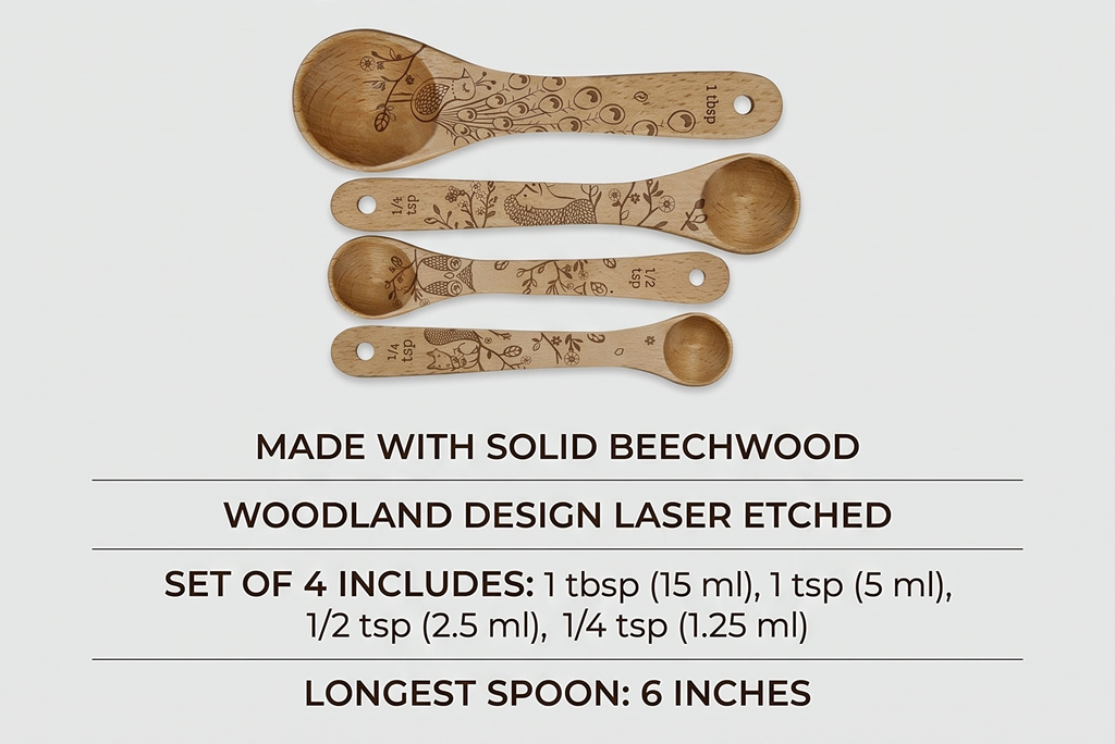 Talisman Designs Laser Etched Beechwood | Set of 4 | Woodland Design | Natural, Wooden Measuring Spoons Set| Cute & Functional Kitchen Tools