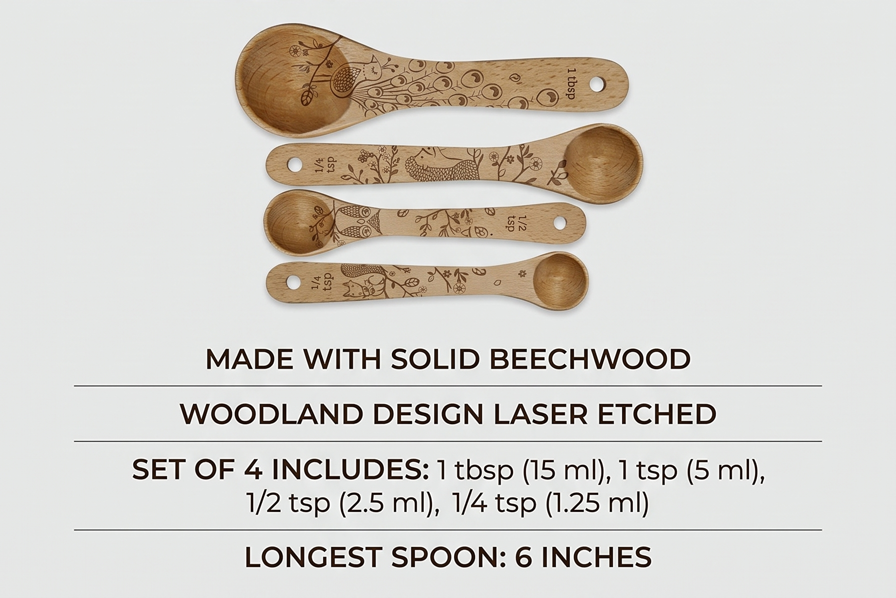 Talisman Designs Laser Etched Beechwood | Set of 4 | Woodland Design | Natural, Wooden Measuring Spoons Set| Cute & Functional Kitchen Tools