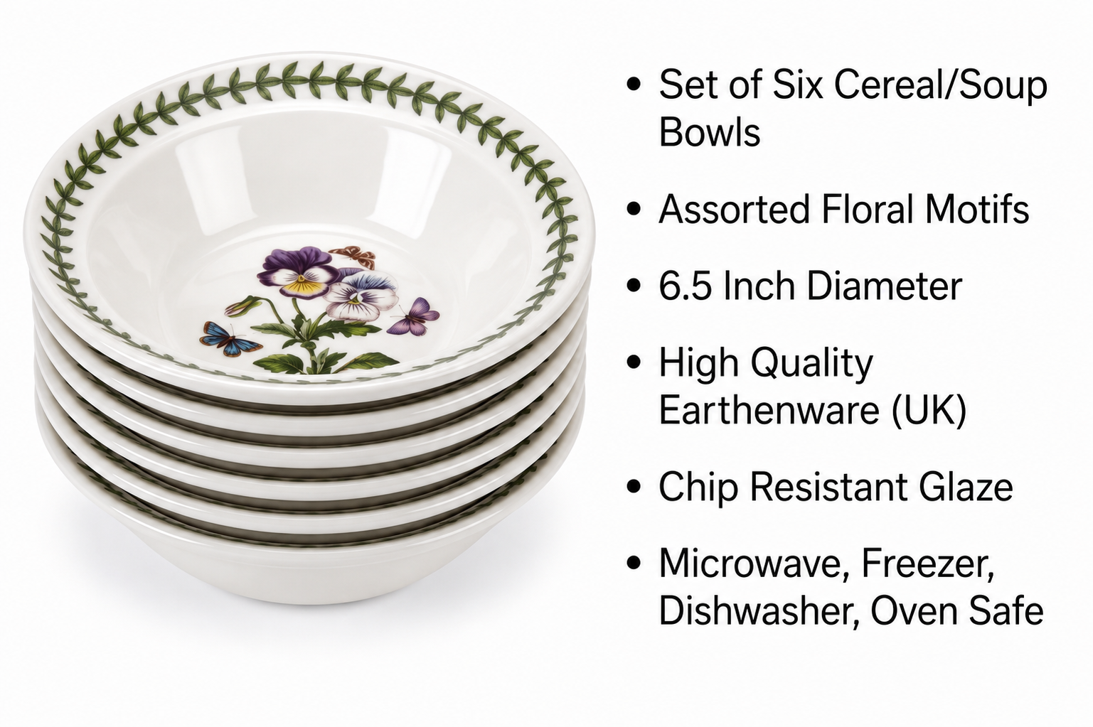 Portmeirion Botanic Garden 6.5" Cereal Bowl - Set of 6 | Assorted Floral Motifs | Fine Earthenware | Chip Resistant Glaze | Dishwasher, Microwave, Freezer, Oven Safe | Made in England