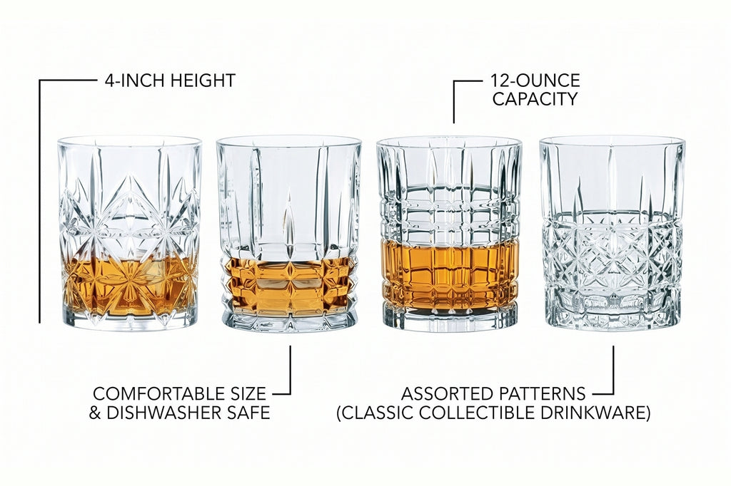 Nachtmann Highland 12-Ounce Whiskey Glass (Set of 4), 4-inch Whiskey Tumbler for Scotch, Rum, Spirits - Classic Barware, Dishwasher Safe Glassware - Classic Collectible Drinkware (Assorted Patterns)