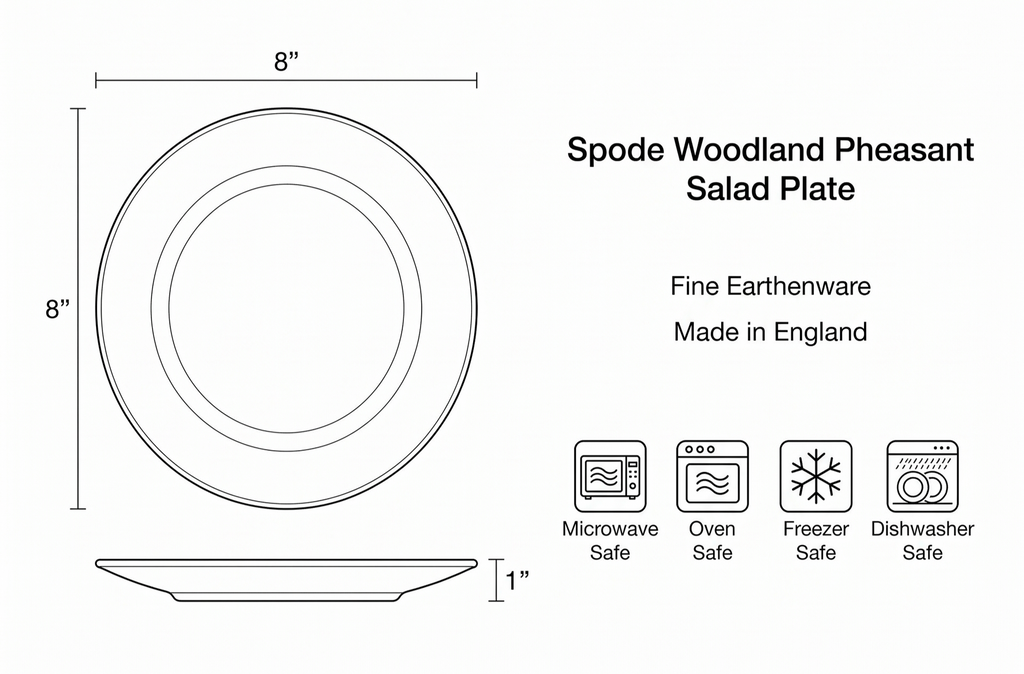Spode Woodland Pheasant 8" Salad Plate - Rustic Fine Earthenware Dish with Game Bird and British Flowers Border - Made in England, Microwave, Oven, Freezer, Dishwasher Safe - Mix & Match with Delamere