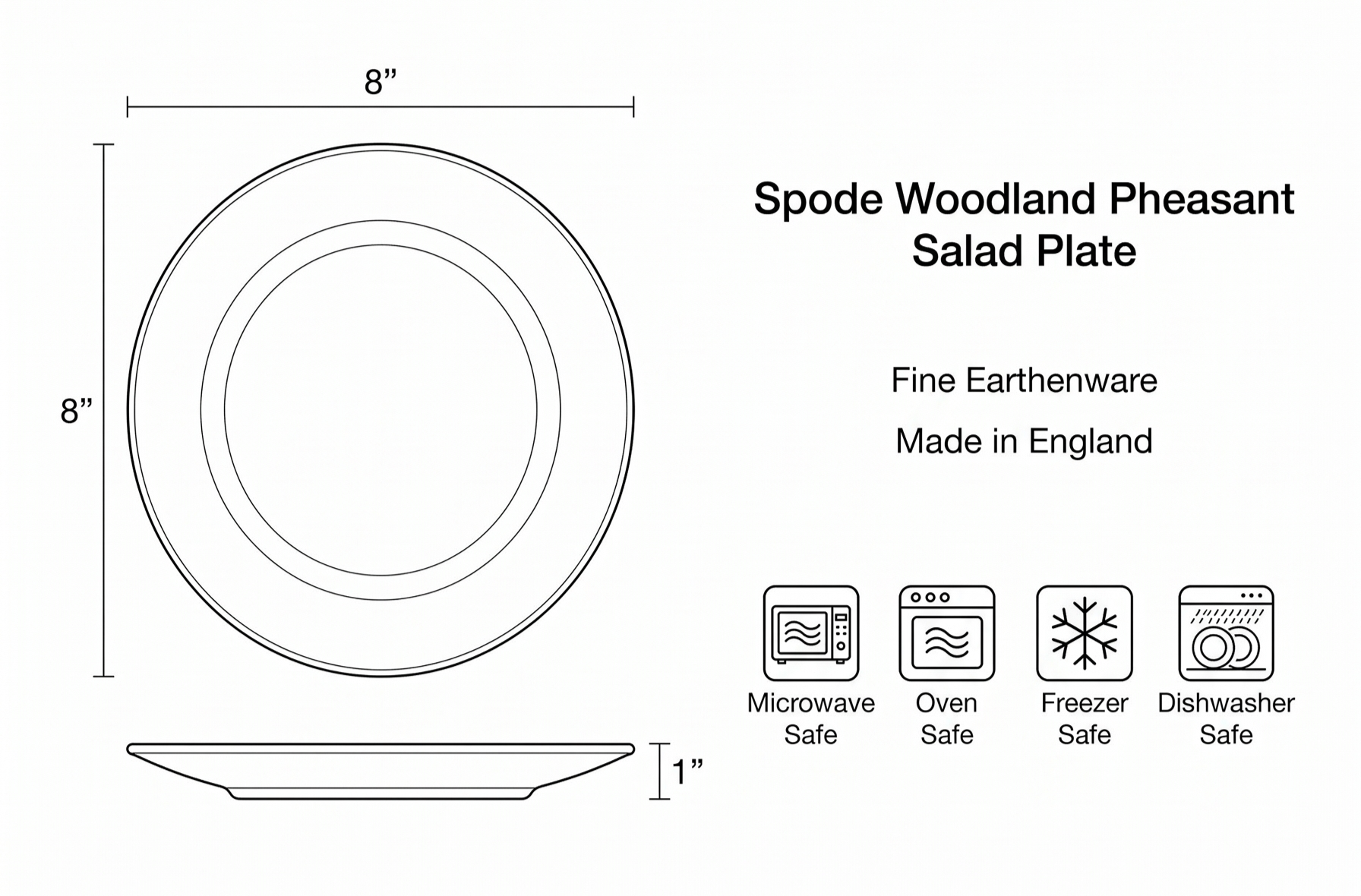 Spode Woodland Pheasant 8" Salad Plate - Rustic Fine Earthenware Dish with Game Bird and British Flowers Border - Made in England, Microwave, Oven, Freezer, Dishwasher Safe - Mix & Match with Delamere