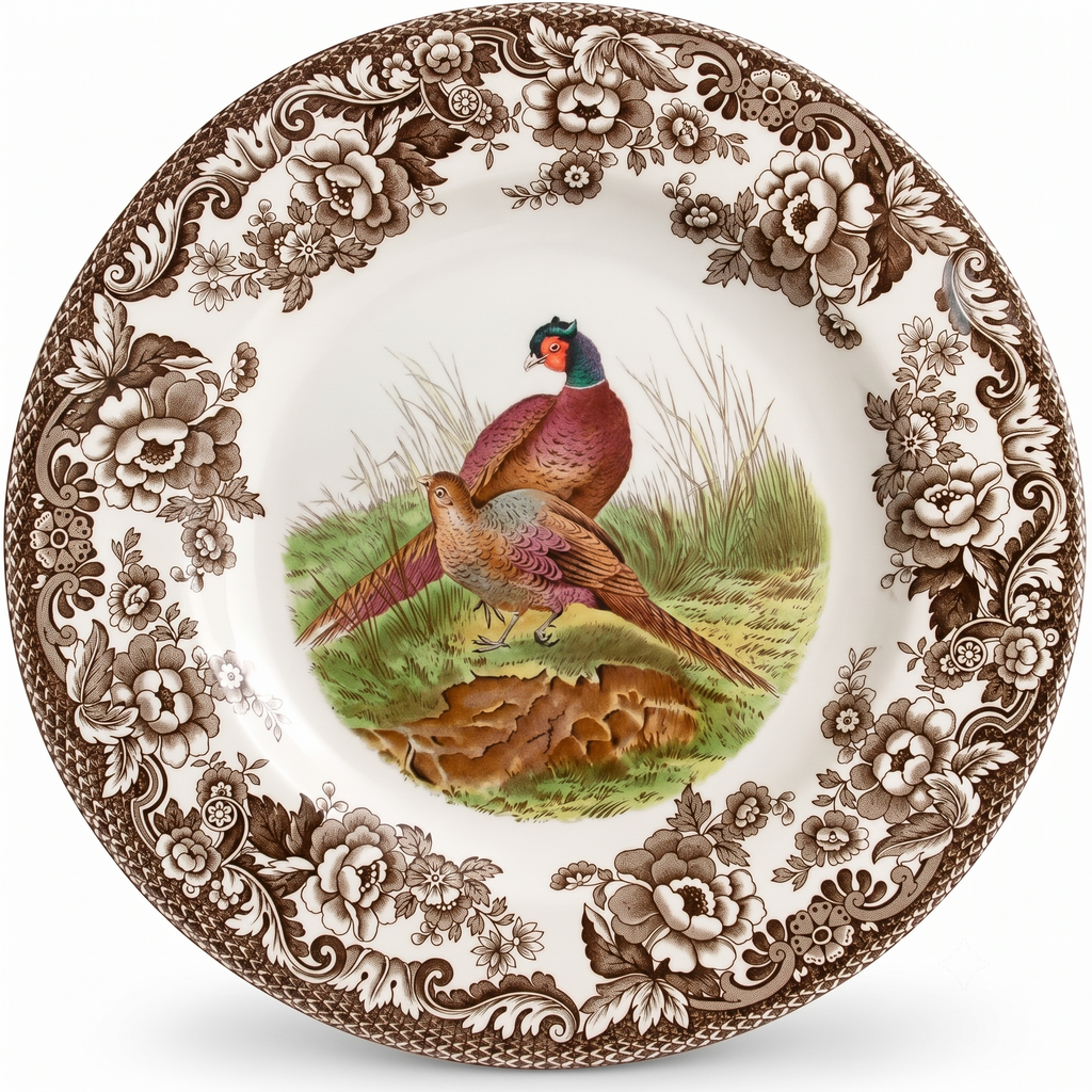 Spode Woodland Pheasant 8" Salad Plate - Rustic Fine Earthenware Dish with Game Bird and British Flowers Border - Made in England, Microwave, Oven, Freezer, Dishwasher Safe - Mix & Match with Delamere