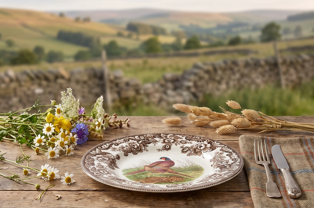 Spode Woodland Pheasant 8" Salad Plate - Rustic Fine Earthenware Dish with Game Bird and British Flowers Border - Made in England, Microwave, Oven, Freezer, Dishwasher Safe - Mix & Match with Delamere
