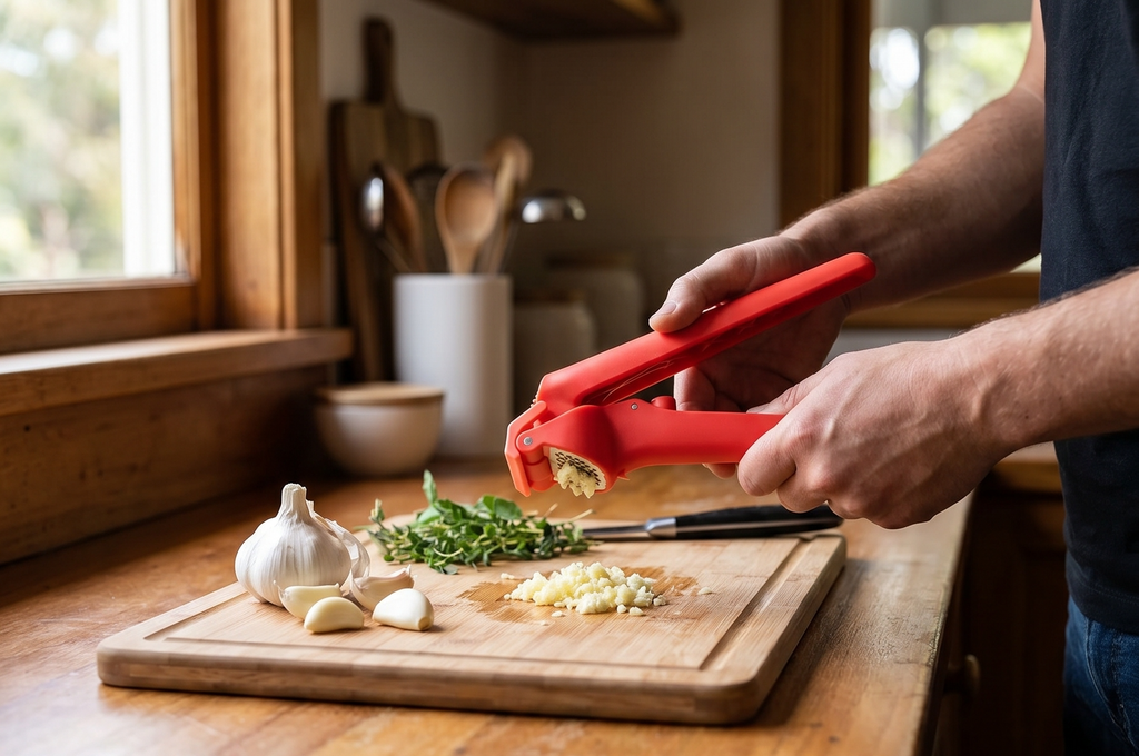 Dreamfarm Garject Lite 2-In-1 Garlic Peeler, Garlic Press & Mincer with Garlic Peel Ejector, Nylon - Red
