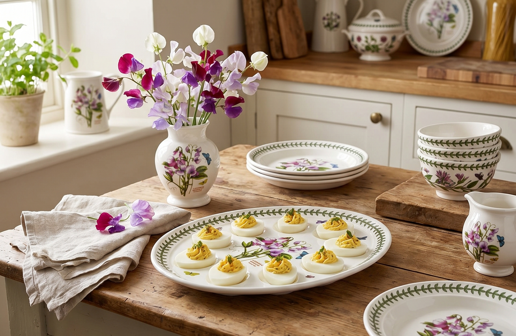 Portmeirion Botanic Garden Ceramic Devilled Egg Dish 12-Inch - White with Floral Design - Laurel Leaf border - Classic English design - Dishwasher, Microwave, Warm Oven Only and Freezer Safe -
