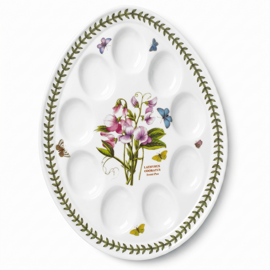 Portmeirion Botanic Garden Ceramic Devilled Egg Dish 12-Inch - White with Floral Design - Laurel Leaf border - Classic English design - Dishwasher, Microwave, Warm Oven Only and Freezer Safe -