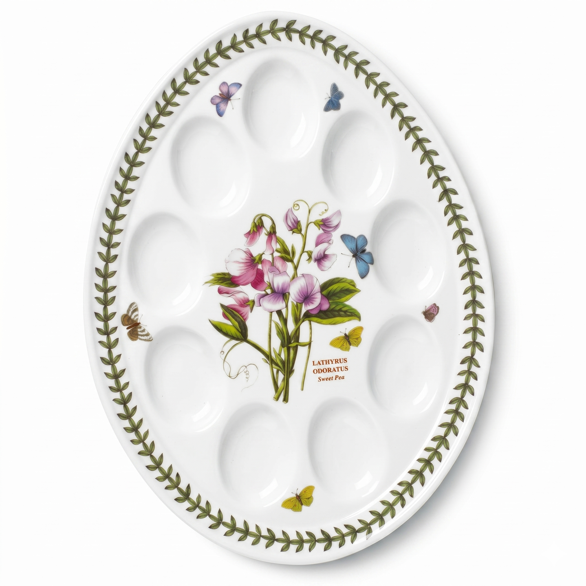 Portmeirion Botanic Garden Ceramic Devilled Egg Dish 12-Inch - White with Floral Design - Laurel Leaf border - Classic English design - Dishwasher, Microwave, Warm Oven Only and Freezer Safe -