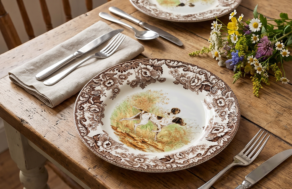 Spode Woodland Hunting Dogs Flat Coated Pointer Dinner Plate