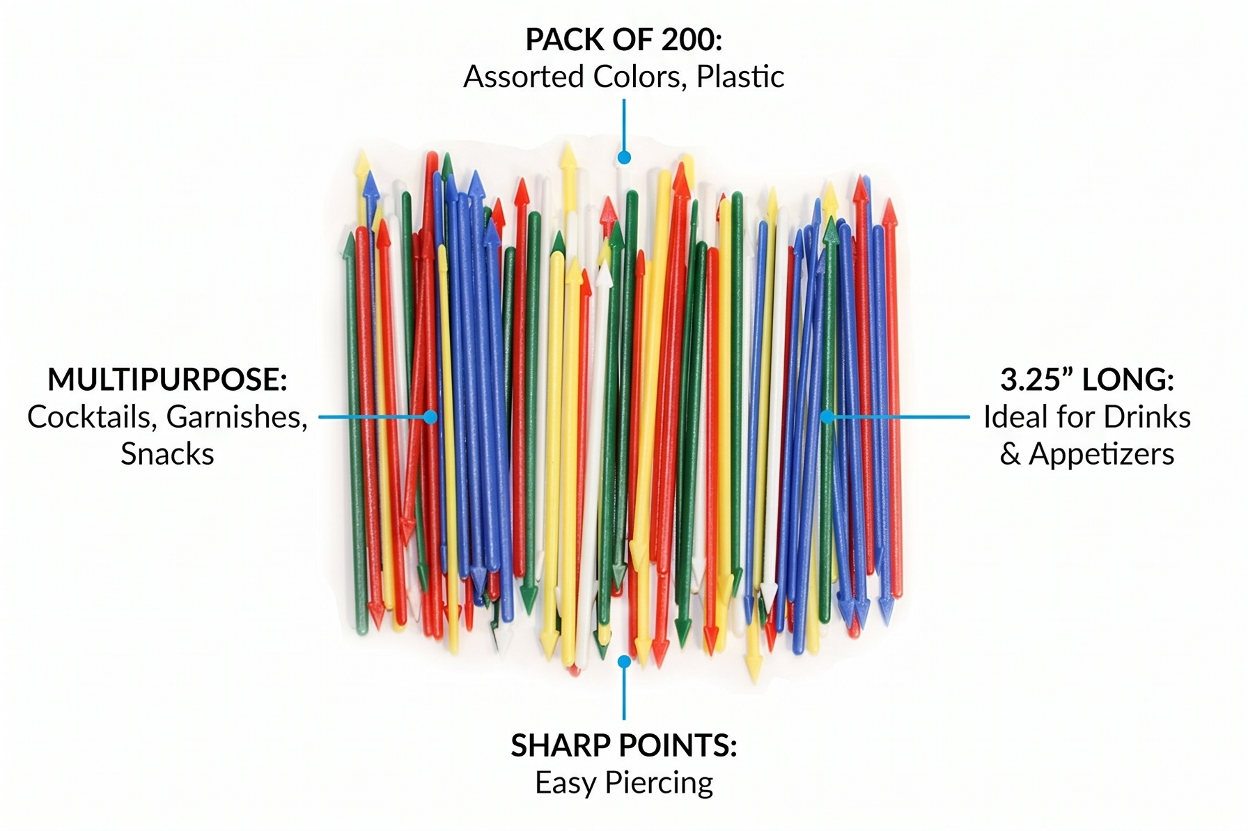 Pack of 200 Colorful Cocktail Spears, Plastic, Assorted Colors, 3.25" Long