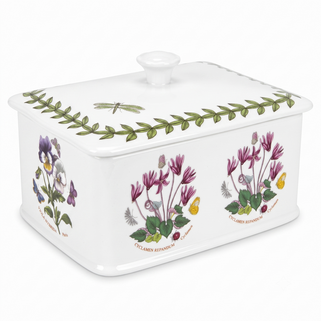 Portmeirion Botanic Garden 6" Butter Keeper with Knob Lid, Assorted Floral Motifs - Porcelain Butter Dish, Dishwasher, Microwave, Warm Oven, Freezer Safe - Elegant Kitchen Storage Solution