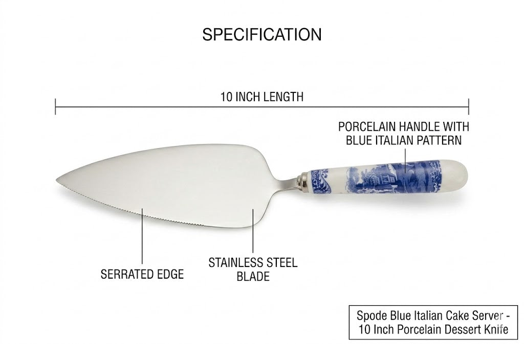 Spode Blue Italian Cake Server - 10 Inch Porcelain Dessert Knife for Slicing Cakes, Pies, Pastries