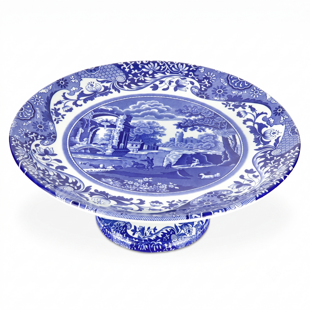 Spode Blue Italian Collection Cake Stand | 10.5 Inch Footed Cake Stand for Parties, Cupcakes, and Dessert Display | Made of Fine Porcelain | Dishwasher Safe