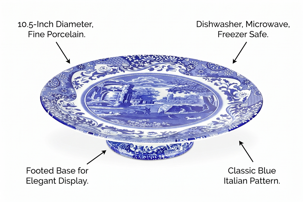 Spode Blue Italian Collection Cake Stand | 10.5 Inch Footed Cake Stand for Parties, Cupcakes, and Dessert Display | Made of Fine Porcelain | Dishwasher Safe