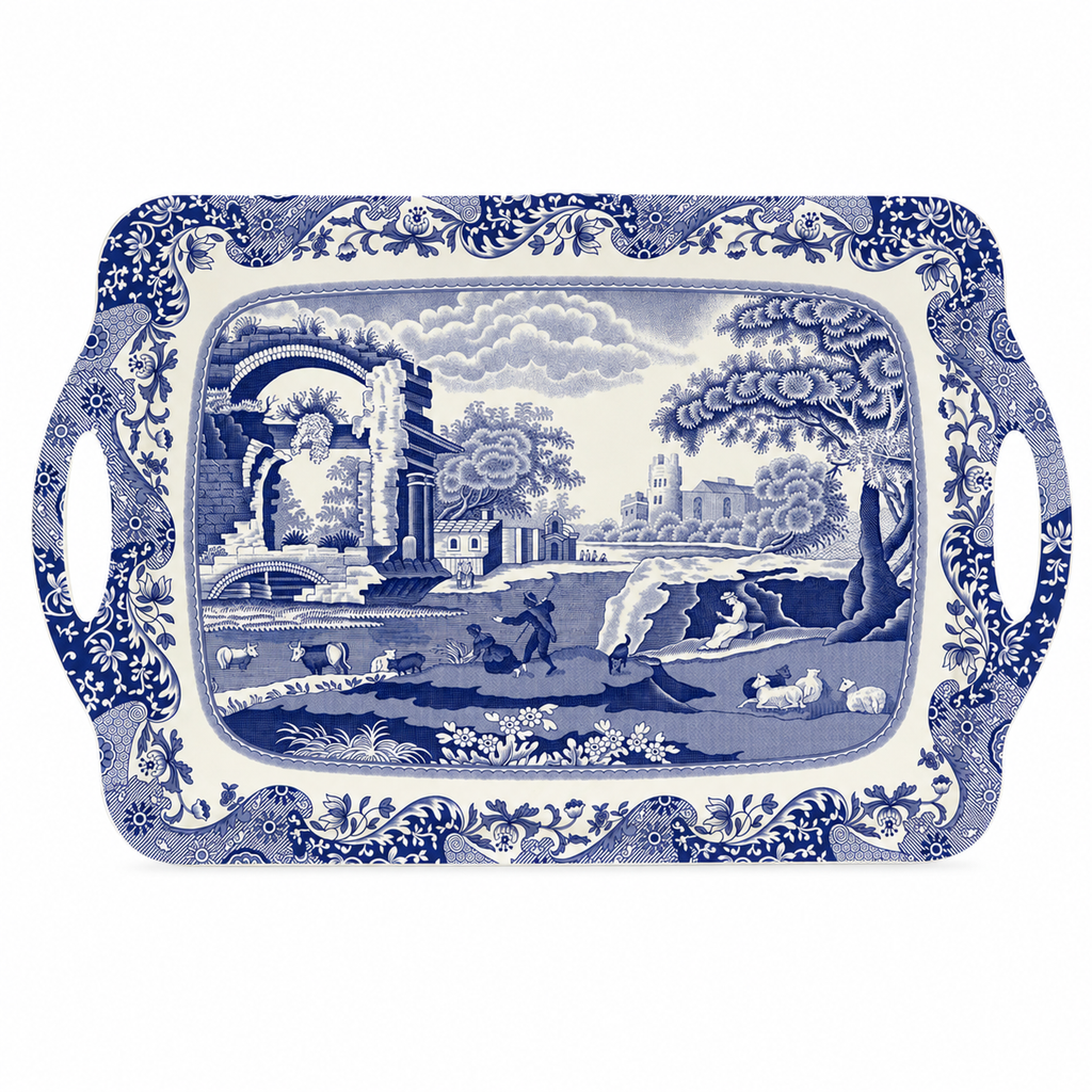 Pimpernel Spode Blue Italian Collection Large Handled Tray | Serving Tray for Lunch, Coffee, or Breakfast | Made of Melamine for Indoor and Outdoor use | Measures 18.9" x 11.6" | Dishwasher Safe