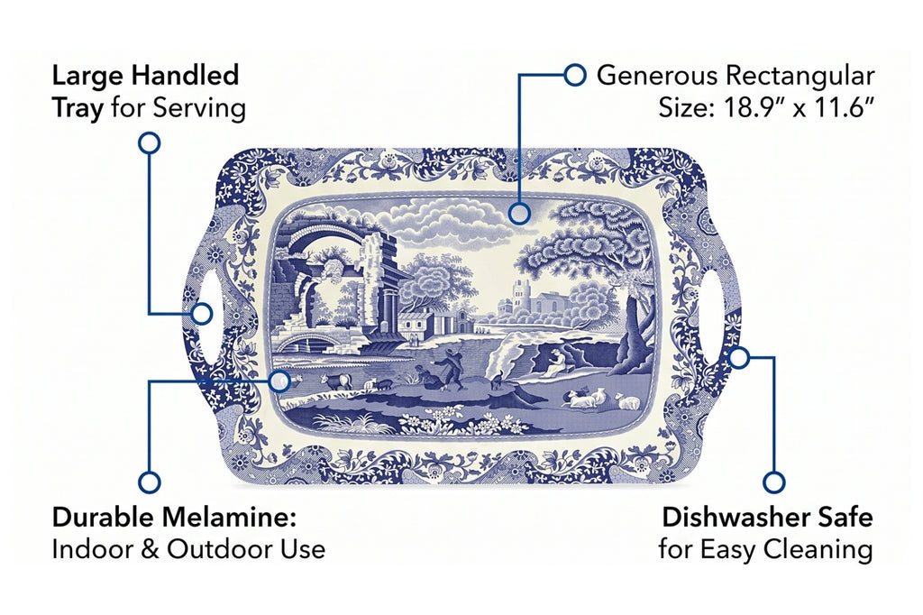 Pimpernel Spode Blue Italian Collection Large Handled Tray | Serving Tray for Lunch, Coffee, or Breakfast | Made of Melamine for Indoor and Outdoor use | Measures 18.9" x 11.6" | Dishwasher Safe