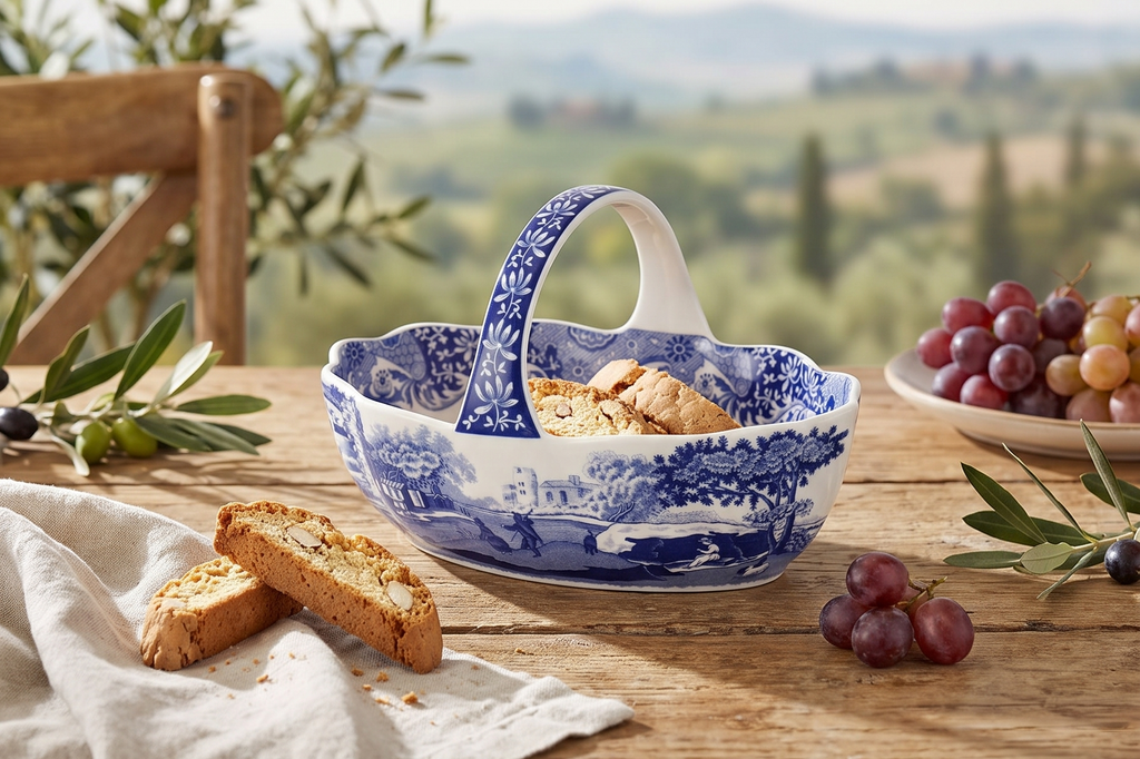 Spode Blue Italian Porcelain Handled Basket with Chip-Resistant Glaze - 6 Inch Decorative Serving Dish for Holiday Gift Giving, Hostess Presentation, Seasonal Table Accents
