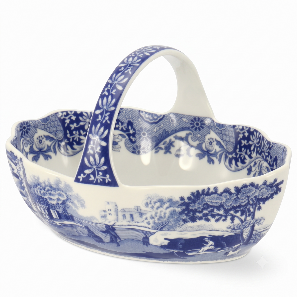 Spode Blue Italian Porcelain Handled Basket with Chip-Resistant Glaze - 6 Inch Decorative Serving Dish for Holiday Gift Giving, Hostess Presentation, Seasonal Table Accents