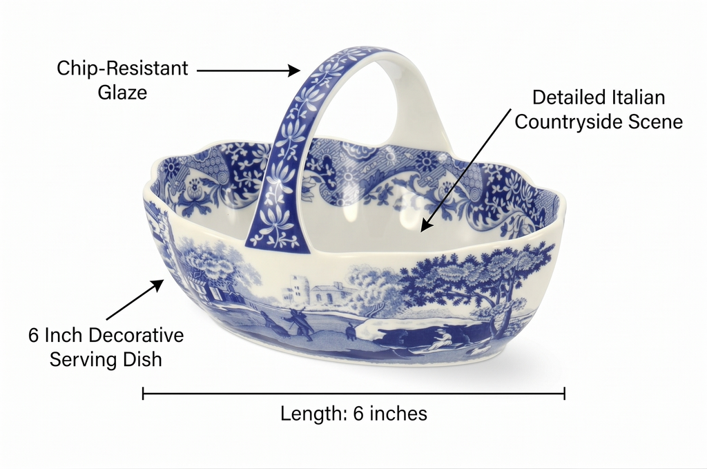 Spode Blue Italian Porcelain Handled Basket with Chip-Resistant Glaze - 6 Inch Decorative Serving Dish for Holiday Gift Giving, Hostess Presentation, Seasonal Table Accents