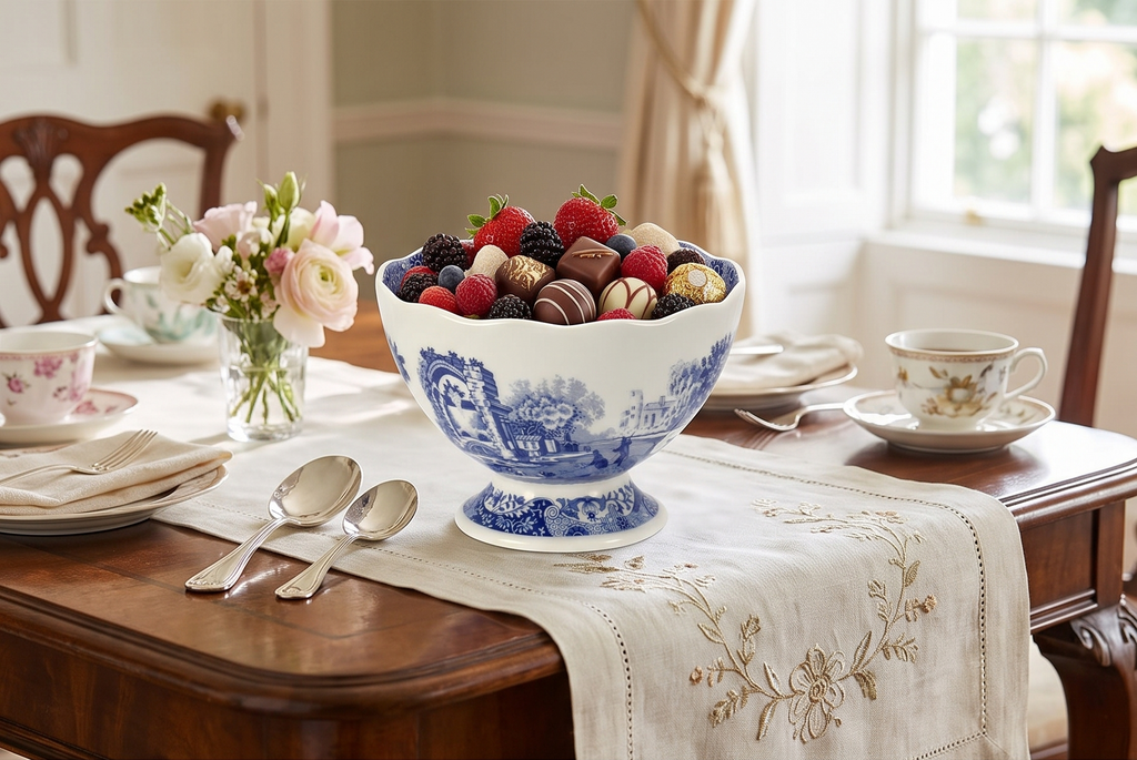 Portmeirion Blue Italian Footed Bowl | Made of Porcelain | Berries, Sweets, and Chocolate Bowl | Scalloped Edge | Measures 4.75-Inch | Dishwasher and Microwave Safe