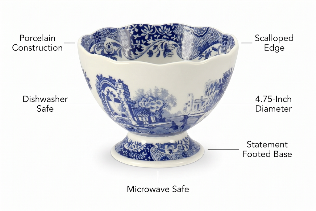 Portmeirion Blue Italian Footed Bowl | Made of Porcelain | Berries, Sweets, and Chocolate Bowl | Scalloped Edge | Measures 4.75-Inch | Dishwasher and Microwave Safe