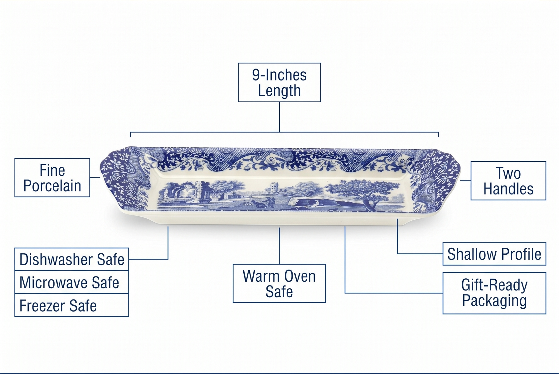 Portmeirion Blue Italian Small Tray | Serving Platter for Tea Sandwiches, Desserts, and Appetizers | Porcelain | Measures 9-Inches | Dishwasher Safe (Blue/White)