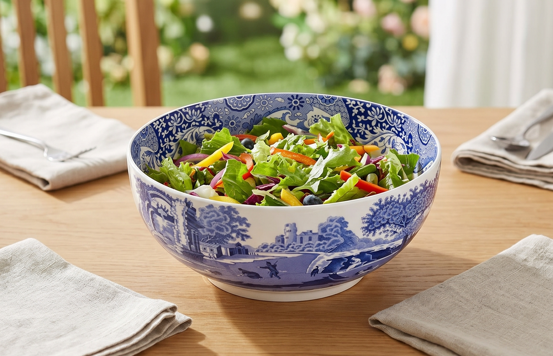 Spode Blue Italian Deep Round Bowl | 10.75 Inch Porcelain Serving Bowl for Salad | Fruit Display Dish for Kitchen Counter | Microwave and Dishwasher Safe | Made in England