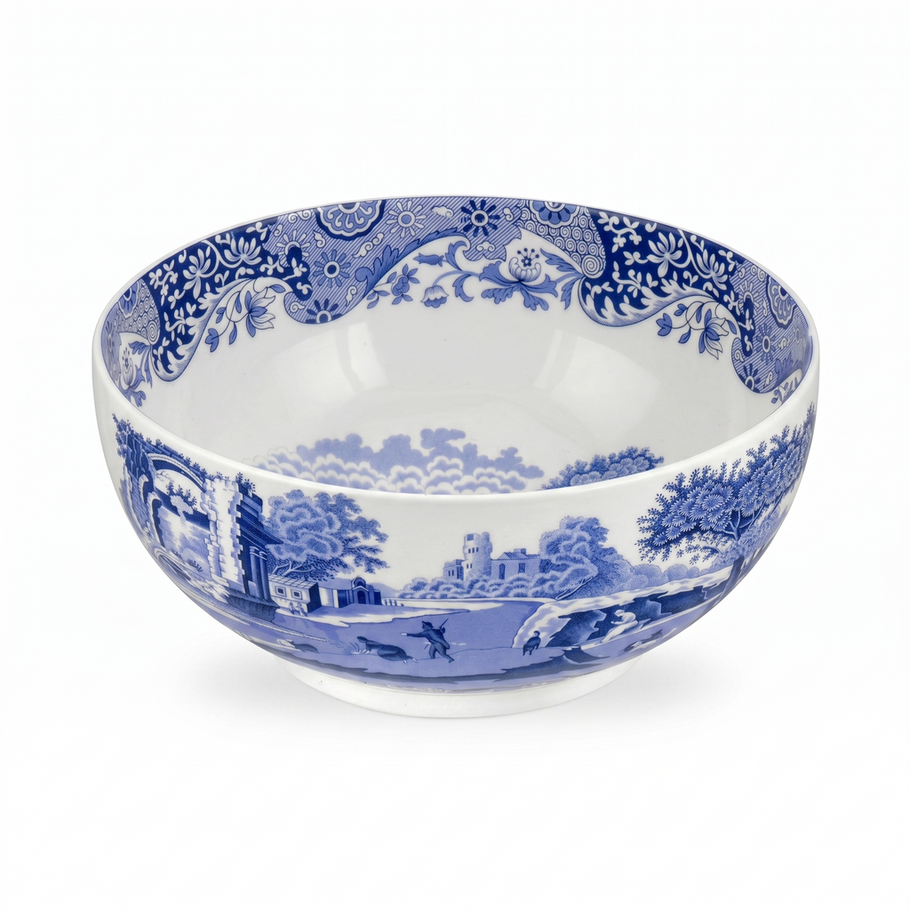 Spode Blue Italian Deep Round Bowl | 10.75 Inch Porcelain Serving Bowl for Salad | Fruit Display Dish for Kitchen Counter | Microwave and Dishwasher Safe | Made in England