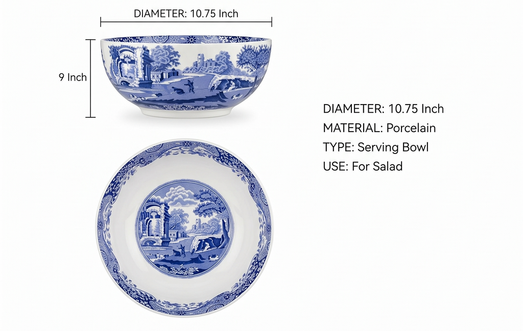 Spode Blue Italian Deep Round Bowl | 10.75 Inch Porcelain Serving Bowl for Salad | Fruit Display Dish for Kitchen Counter | Microwave and Dishwasher Safe | Made in England