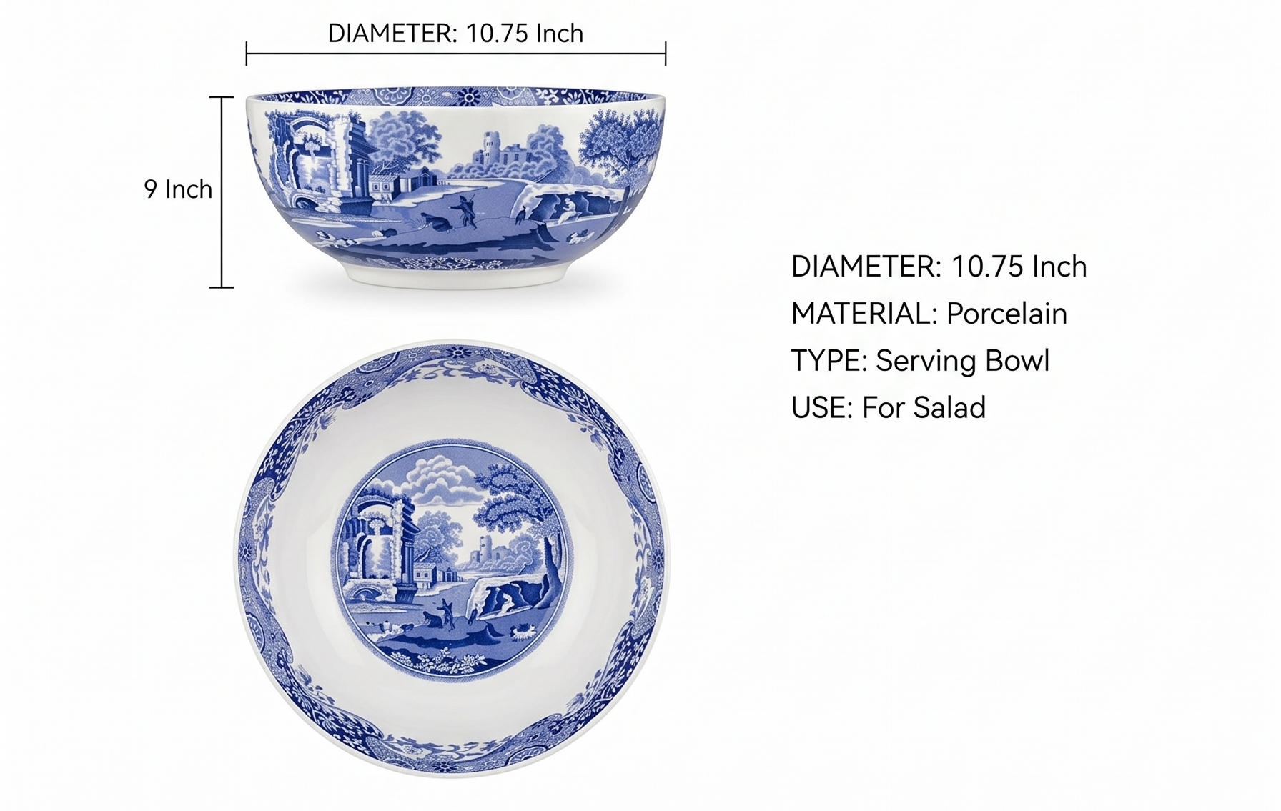 Spode Blue Italian Deep Round Bowl | 10.75 Inch Porcelain Serving Bowl for Salad | Fruit Display Dish for Kitchen Counter | Microwave and Dishwasher Safe | Made in England