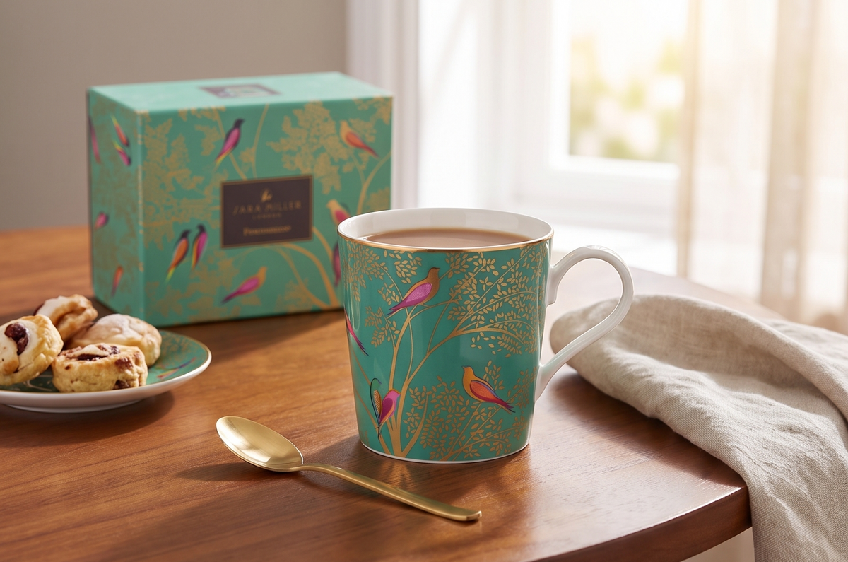 Portmeirion Sara Miller London Chelsea Mug, Green | 12 Oz Cup for Drinking Tea, Coffee, and Hot Cocoa | Made from Fine China with Gold Detail | Handwash Only