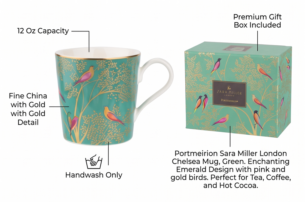 Portmeirion Sara Miller London Chelsea Mug, Green | 12 Oz Cup for Drinking Tea, Coffee, and Hot Cocoa | Made from Fine China with Gold Detail | Handwash Only