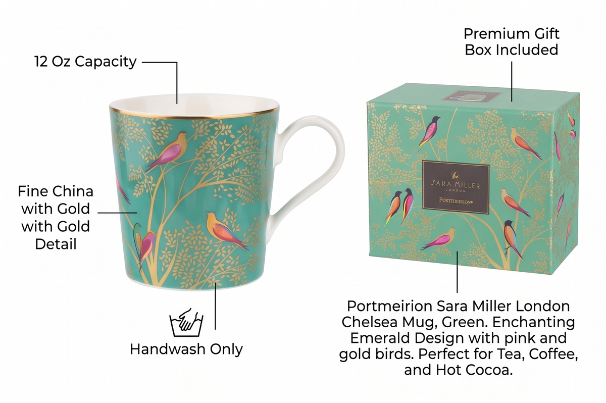 Portmeirion Sara Miller London Chelsea Mug, Green | 12 Oz Cup for Drinking Tea, Coffee, and Hot Cocoa | Made from Fine China with Gold Detail | Handwash Only