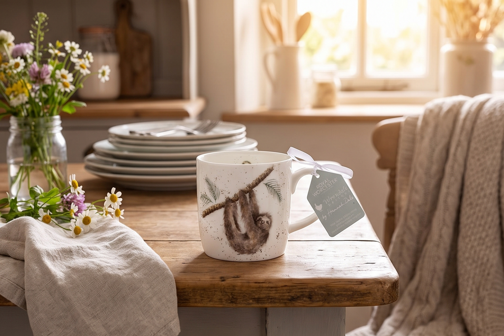 Royal Worcester Wrendale Designs Farmhouse Style Mug, Hanging Around - 14 oz Fine Bone China Mug with Sloth Illustration for Cozy Kitchen Vibes - Floral Drinkware for Daily Comfort