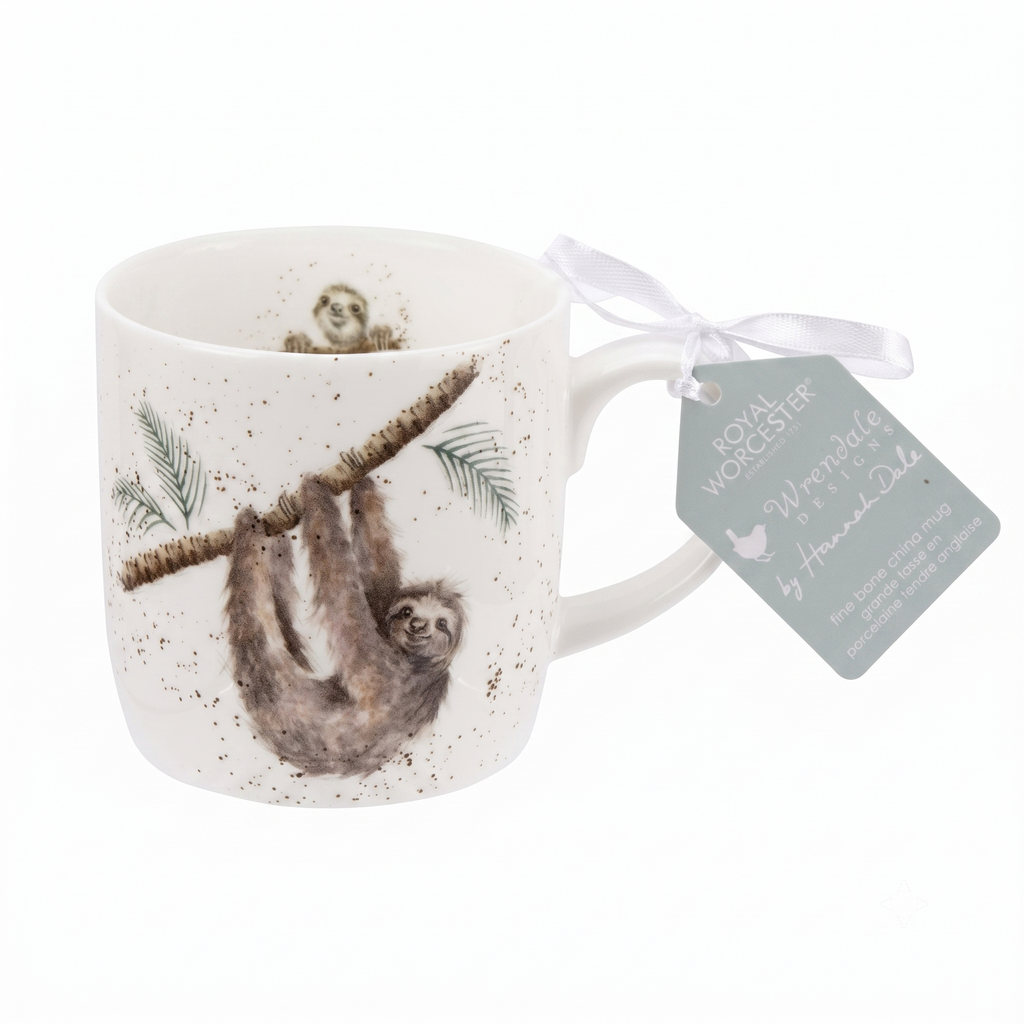 Royal Worcester Wrendale Designs Farmhouse Style Mug, Hanging Around - 14 oz Fine Bone China Mug with Sloth Illustration for Cozy Kitchen Vibes - Floral Drinkware for Daily Comfort