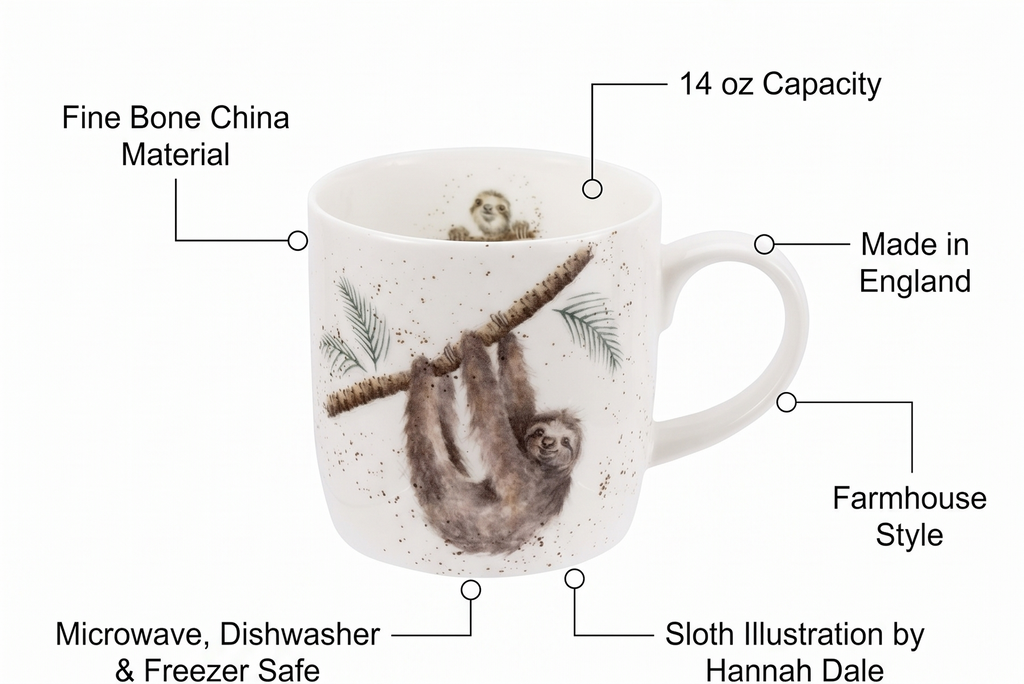 Royal Worcester Wrendale Designs Farmhouse Style Mug, Hanging Around - 14 oz Fine Bone China Mug with Sloth Illustration for Cozy Kitchen Vibes - Floral Drinkware for Daily Comfort