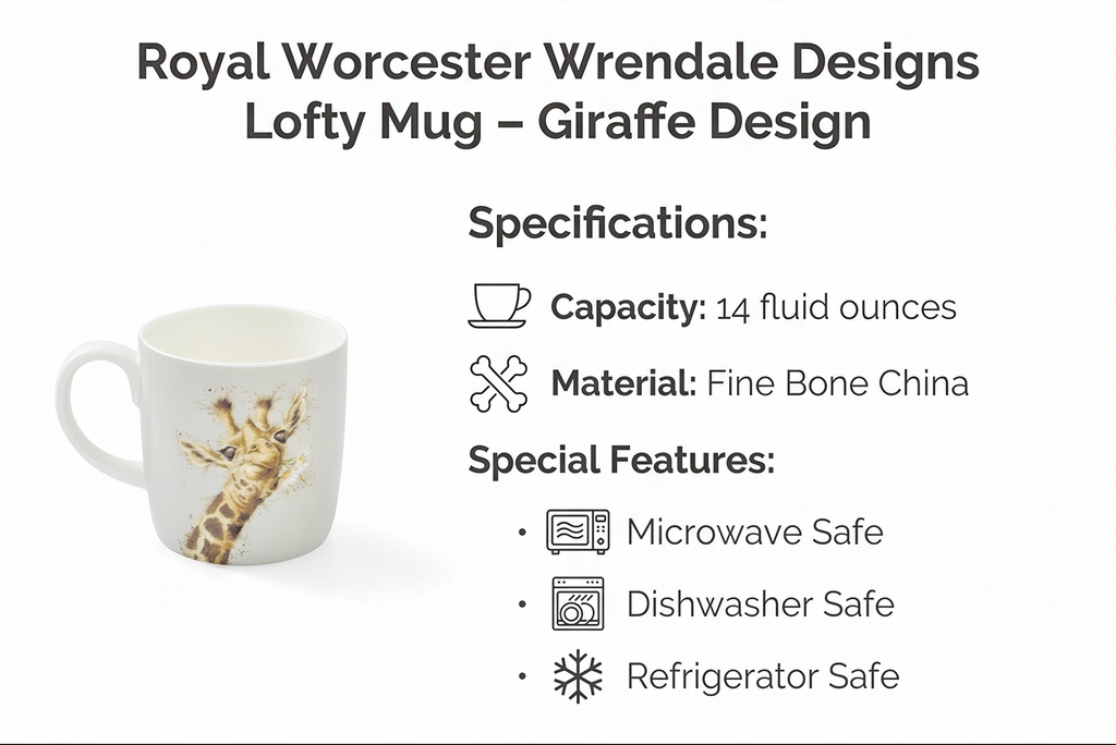 Royal Worcester Wrendale Designs Lofty Mug | 14 Ounce Large Coffee Mug with Giraffe Design | Made from Fine Bone China | Microwave and Dishwasher Safe