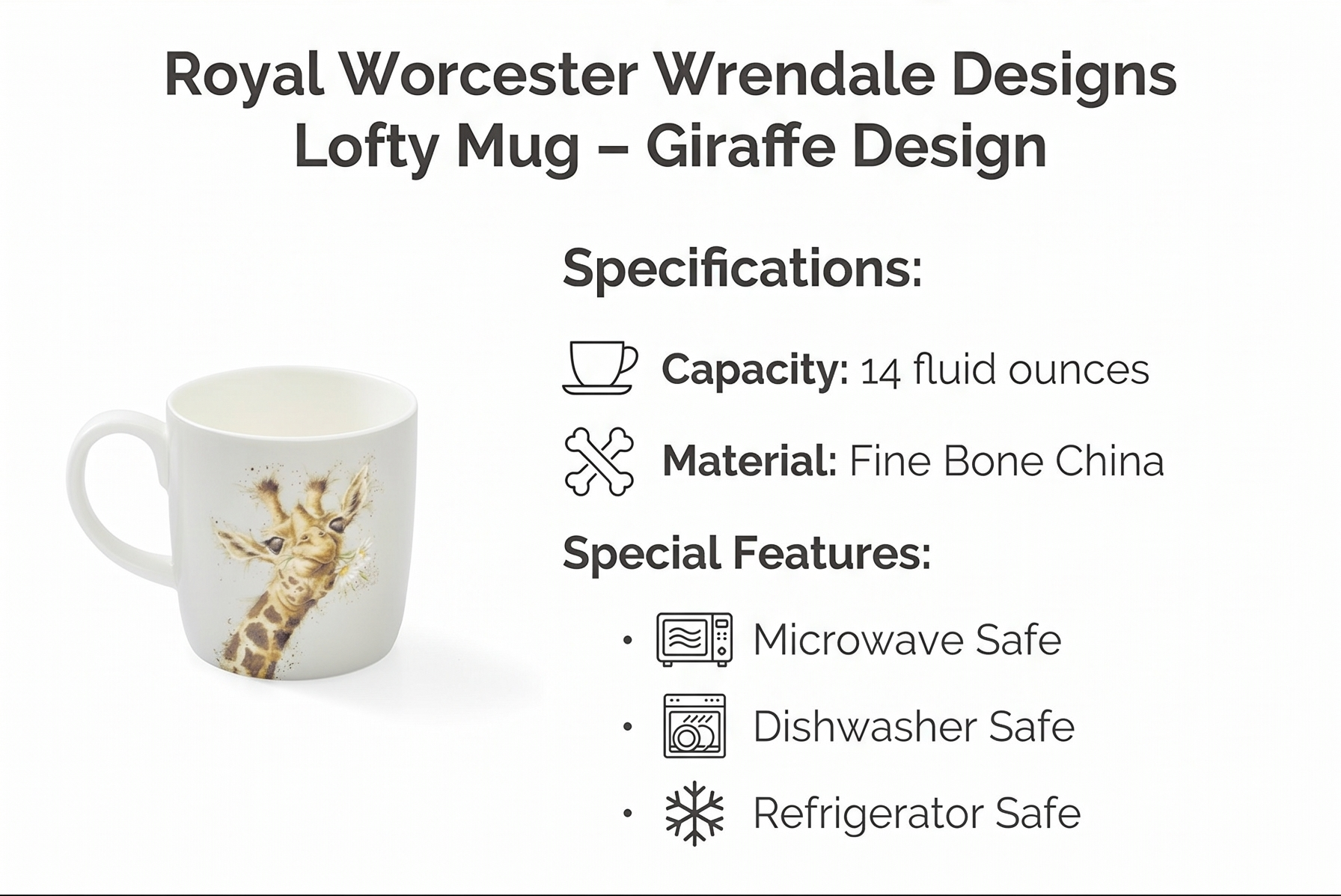 Royal Worcester Wrendale Designs Lofty Mug | 14 Ounce Large Coffee Mug with Giraffe Design | Made from Fine Bone China | Microwave and Dishwasher Safe