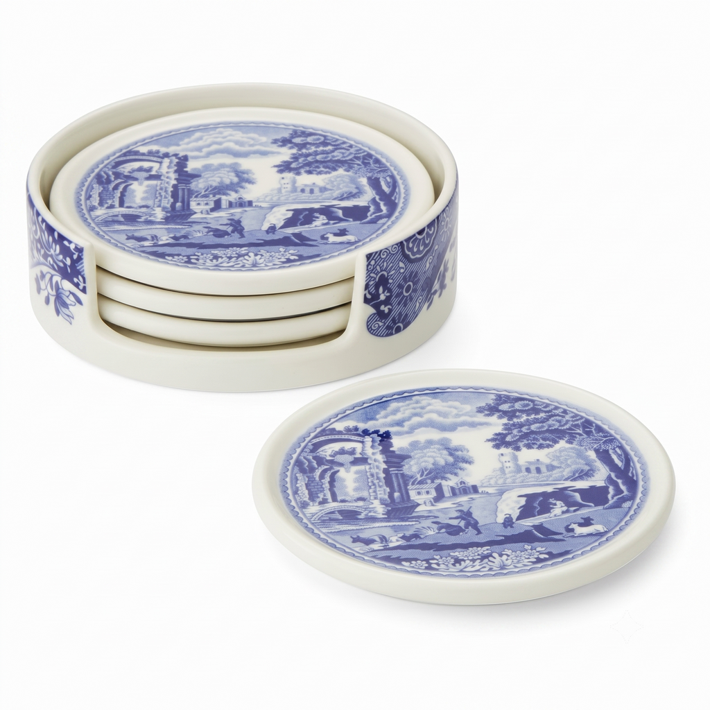 Spode Blue Italian Coasters for Drinks | Set of 4 | Ceramic Coasters and Holder | Tabletop Protection | Housewarming or Birthday Gift | Round (Blue/White)