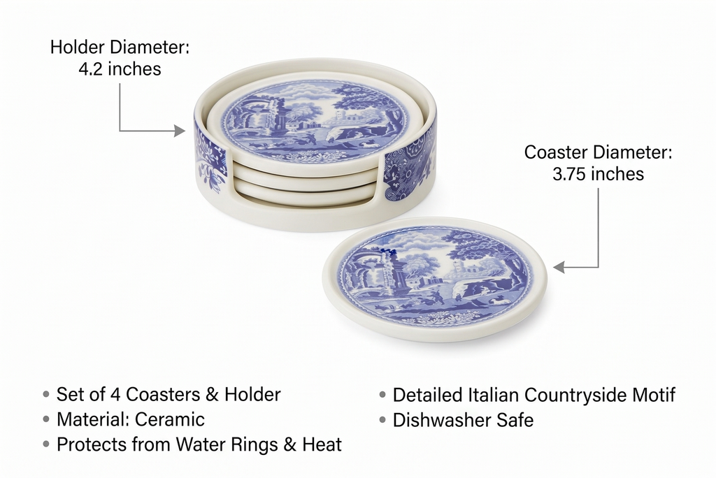 Spode Blue Italian Coasters for Drinks | Set of 4 | Ceramic Coasters and Holder | Tabletop Protection | Housewarming or Birthday Gift | Round (Blue/White)