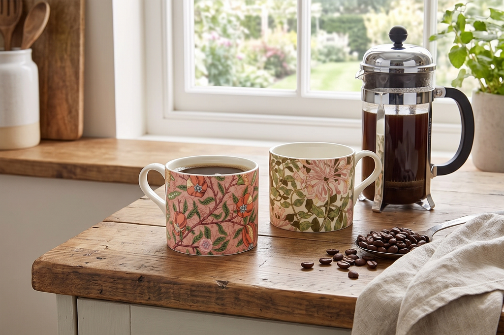 Spode Morris & Co Porcelain Mugs, Set of 2 - 12oz Microwave and Dishwasher Safe Tea & Coffee Cups for Kitchen Countertop or Home Brew Coffee Station, Great Gift for Mothers (Fruit & Honeysuckle)
