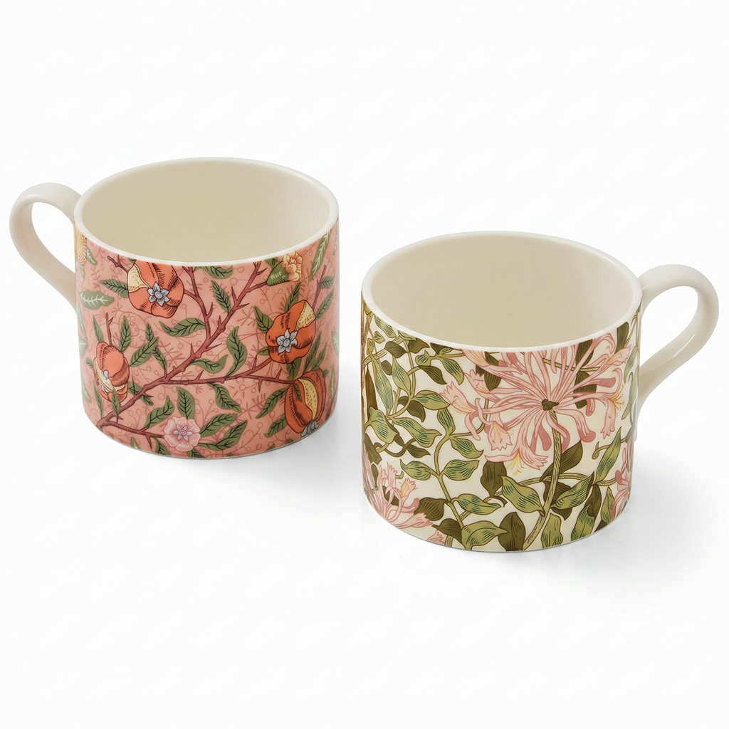 Spode Morris & Co Porcelain Mugs, Set of 2 - 12oz Microwave and Dishwasher Safe Tea & Coffee Cups for Kitchen Countertop or Home Brew Coffee Station, Great Gift for Mothers (Fruit & Honeysuckle)