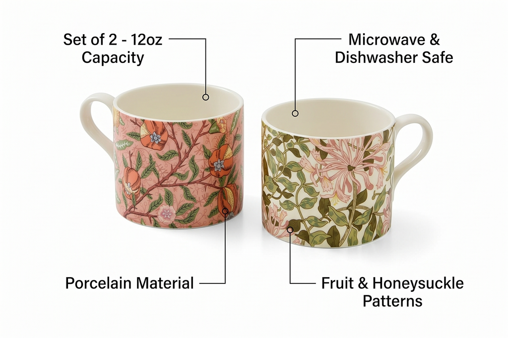 Spode Morris & Co Porcelain Mugs, Set of 2 - 12oz Microwave and Dishwasher Safe Tea & Coffee Cups for Kitchen Countertop or Home Brew Coffee Station, Great Gift for Mothers (Fruit & Honeysuckle)