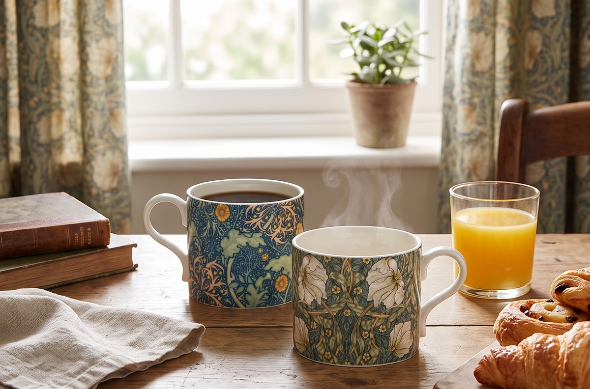 Spode Morris & Co 12oz Mug, Set of 2 - Porcelain Drinkware for Tea or Coffee, Microwave & Dishwasher Safe Cups for Kitchen Shelf Display or Home Coffee Bar Accessories (Seaweed & Pimpernel)