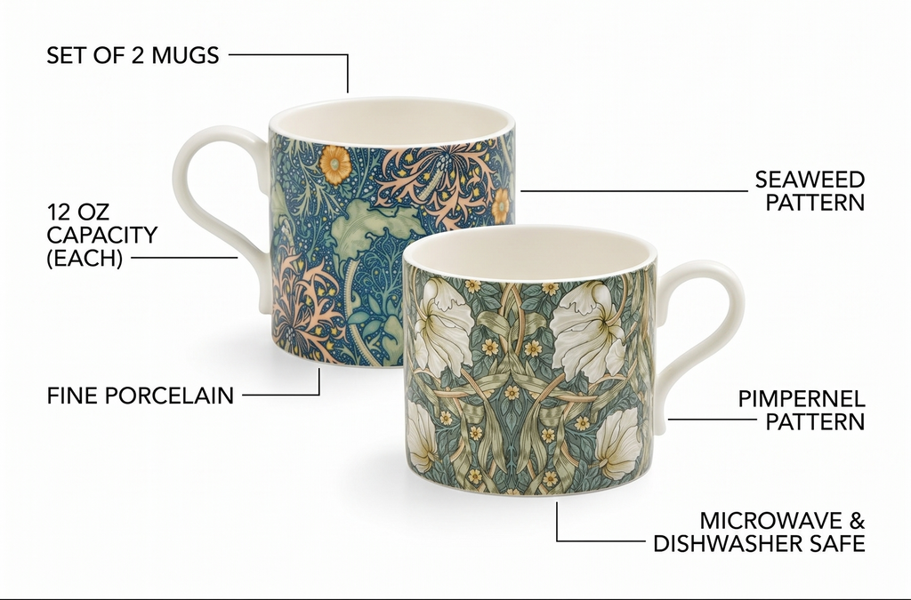 Spode Morris & Co 12oz Mug, Set of 2 - Porcelain Drinkware for Tea or Coffee, Microwave & Dishwasher Safe Cups for Kitchen Shelf Display or Home Coffee Bar Accessories (Seaweed & Pimpernel)