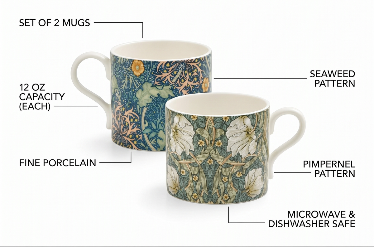 Spode Morris & Co 12oz Mug, Set of 2 - Porcelain Drinkware for Tea or Coffee, Microwave & Dishwasher Safe Cups for Kitchen Shelf Display or Home Coffee Bar Accessories (Seaweed & Pimpernel)