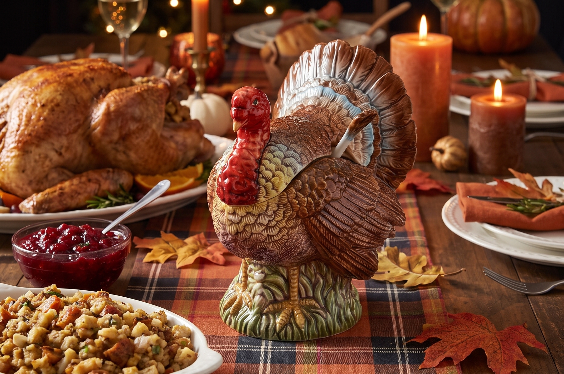 Spode 14oz Turkey-Shaped Gravy Boat with Ladle - Dolomite Thanksgiving Serveware | Large Table Centerpiece | Decorative Serving Bowl | Holiday Soup Bowl, For Thanksgiving Dinner and Festive Meals