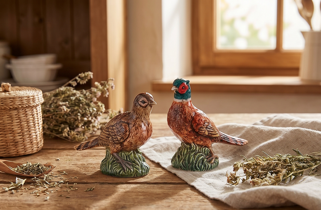 Spode 3.5" Pheasant-Shaped Salt and Pepper Shakers - Dolomite Ceramic Farmhouse Décor for Formal Dining, Decorative Salt & Pepper Set with Easy Refill Bottom Stoppers, Ideal for Thanksgiving Table